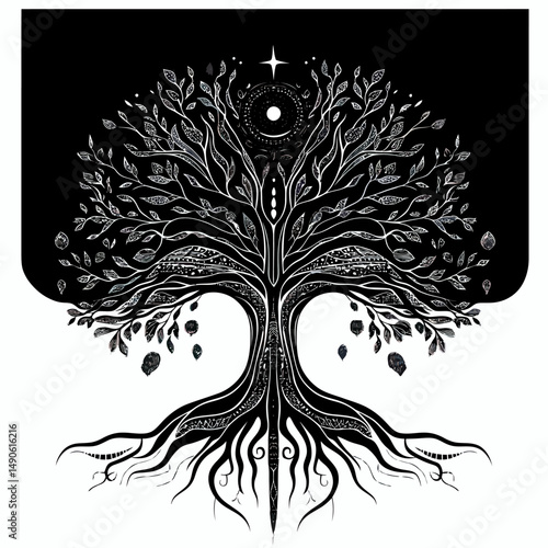 Intricate black and white Tree of Life vector illustration with symmetrical roots, detailed branches, tribal patterns, mystical star and circular symbols in minimalist flat style