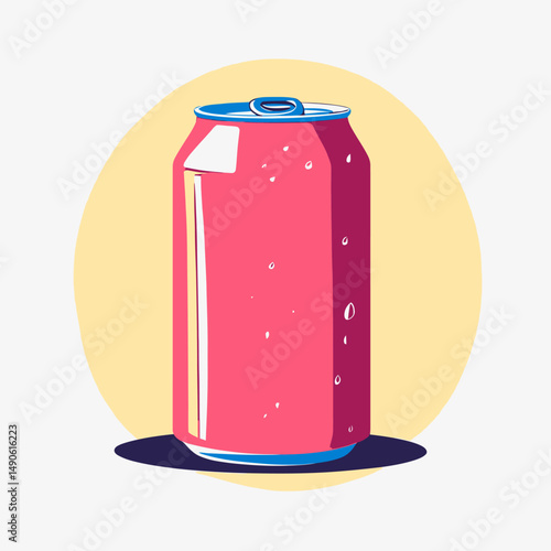Minimalist flat vector illustration of red soda can with water droplets, metal aluminum drink container on yellow circle background, isolated beverage packaging design