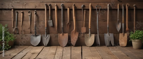 Well-worn gardening tools displayed on antique wooden surface, hoe, summer