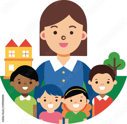 teacher and children kindergarten vector icon