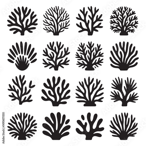 Coral Icons Collection - Set of Simple Line Art Coral Shapes and Designs