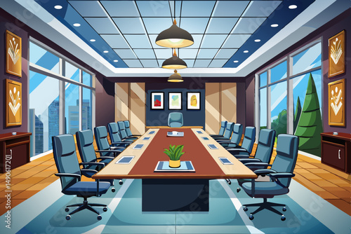 High-end modern office meeting room with floor-to-ceiling glass windows offering a panoramic city skyline view. The stylish interior features a large wooden conference table, contemporary leather chai