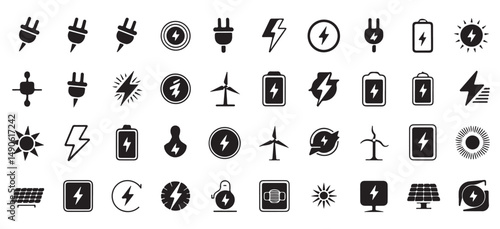Energy and Power Icons Collection - Set of Simple Line Art Illustrations of Electrical Symbols