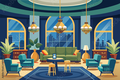 High-end modern office meeting room with floor-to-ceiling glass windows offering a panoramic city skyline view. The stylish interior features a large wooden conference table, contemporary leather chai