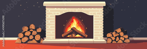 Cozy brick fireplace with burning fire and stacked firewood indoor comfortable warm home interior flat vector illustration