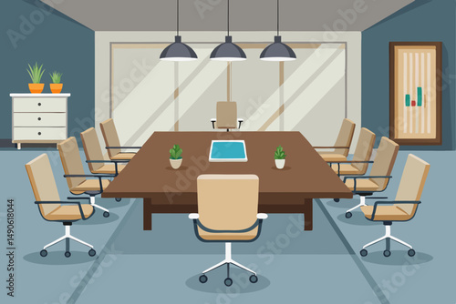
High-end modern office meeting room with floor-to-ceiling glass windows offering a panoramic city skyline view. The stylish interior features a large wooden conference table, contemporary leather cha