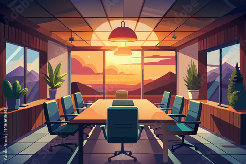 High-end modern office meeting room with floor-to-ceiling glass windows offering a panoramic city skyline view. The stylish interior features a large wooden conference table, contemporary leather chai