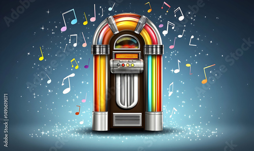 Colorful jukebox emitting music notes against a shimmering blue backdrop, evoking a nostalgic, retro vibe