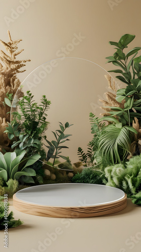 Botanical and Tropical Interior with Arches Podiums. Generative By Ai