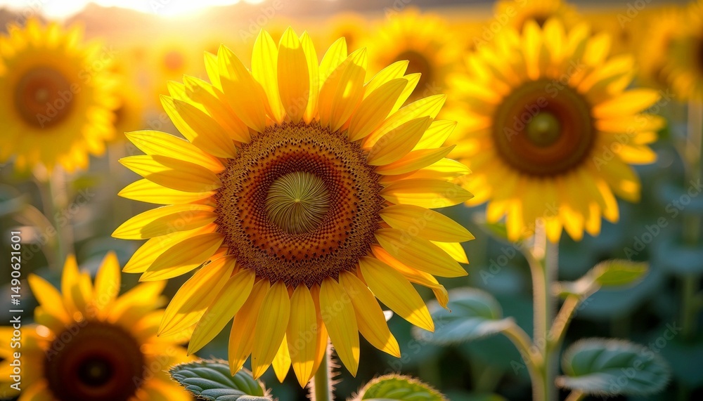 Fototapeta premium Golden Sunflowers Field in Summer Sunshine