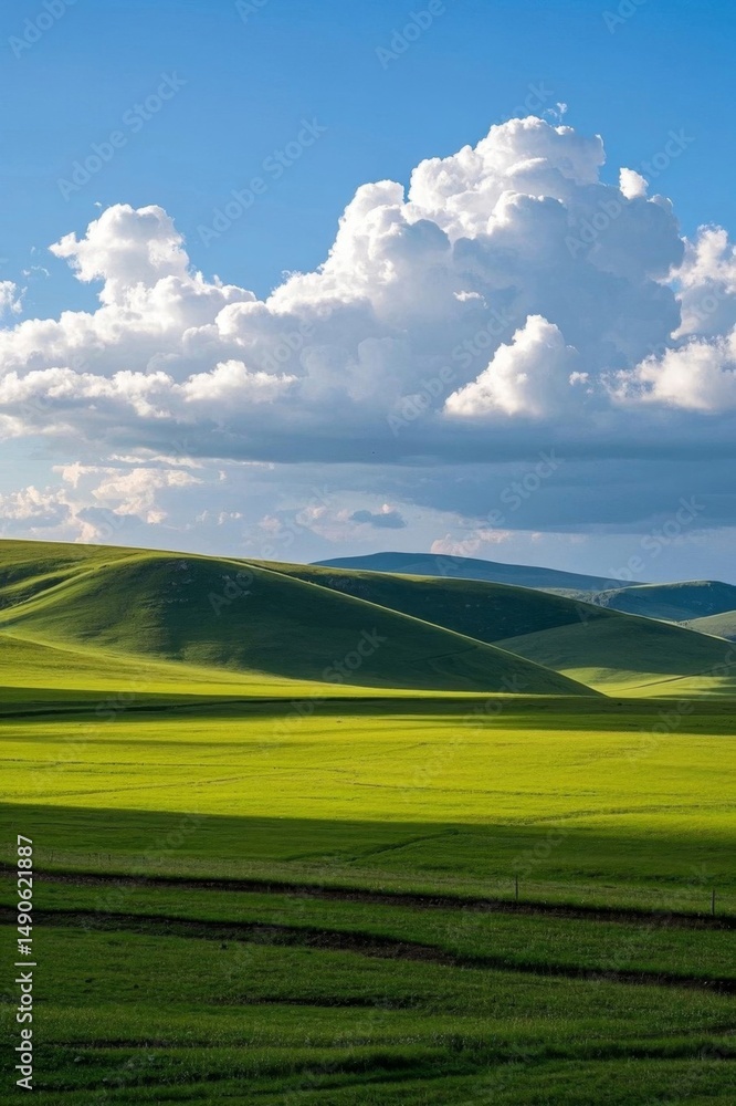 Fototapeta premium arafed view of a green field with a few clouds in the sky