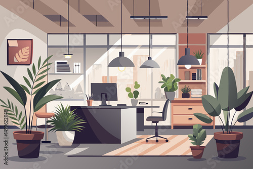 High-end modern office meeting room with floor-to-ceiling glass windows offering a panoramic city skyline view. The stylish interior features a large wooden conference table, contemporary leather chai