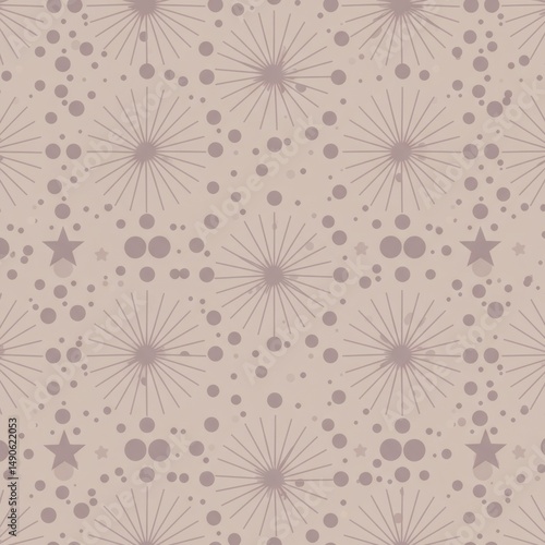 Seamless Retro-Inspired Pattern Featuring Starbursts and Polka Dots in Soft Dusty Pastel Shades. Tileable Art Design For Wallpapers, Textiles and Digital Backdrops.