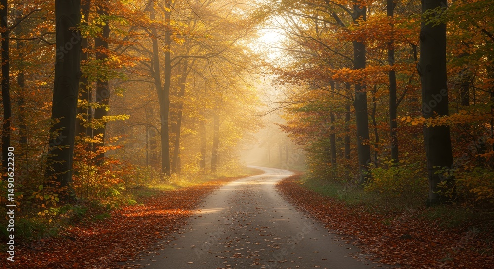 Obraz premium Autumnal Path Through Golden Woods - Serene autumn scene, winding road through sunlit forest with golden leaves. Peaceful nature