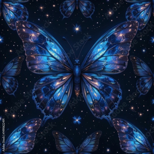 Seamless Pattern of Butterflies with Cosmic Wings Filled With Stars and Galaxies. Celestial Fantasy Vibes, For Wallpapers, Fabrics, and Magical Modern Art Designs