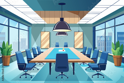 High-end modern office meeting room with floor-to-ceiling glass windows offering a panoramic city skyline view. The stylish interior features a large wooden conference table, contemporary leather chai