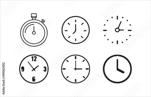 Clock icon set. timer, alarm, schedule, hourglass, clock icons, speed, restore, management, calendar, watch thin line symbols, Victor illustration Eps 10