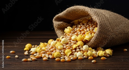 Burlap Sack of Popcorn Kernels and Popped Corn - Golden kernels and popped popcorn spill from a burlap sack onto a dark wooden surface. Symbolizing harvest, abundance, snack time, wholesomeness