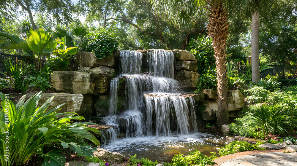 Naklejka premium A serene waterfall cascading over rocky stones in a lush garden setting.
