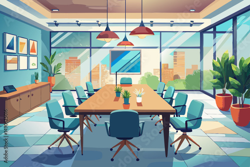 High-end modern office meeting room with floor-to-ceiling glass windows offering a panoramic city skyline view. The stylish interior features a large wooden conference table, contemporary leather chai