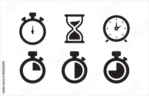 Clock icon set. timer, alarm, schedule, hourglass, clock icons, speed, restore, management, calendar, watch thin line symbols, Victor illustration Eps 10