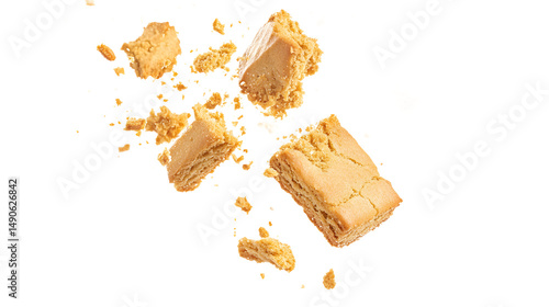 Delicious pieces of crumbly shortbread cookies breaking apart in mid-air, creating a sense of indulgence and delight.