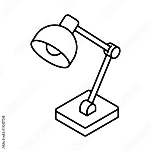 Desk lamp with bulb, arm, and square base. Isometric vector icon. Editable stroke.