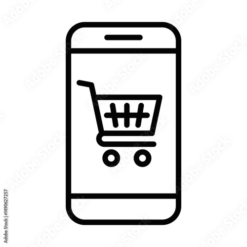 Mobile phone with shopping cart. Vector illustration. Editable stroke.