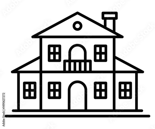 Large suburban house with windows. Vector illustration. Editable stroke.