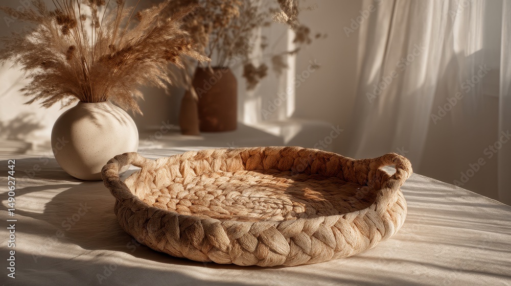 Fototapeta premium Woven tray and vase serene tableau