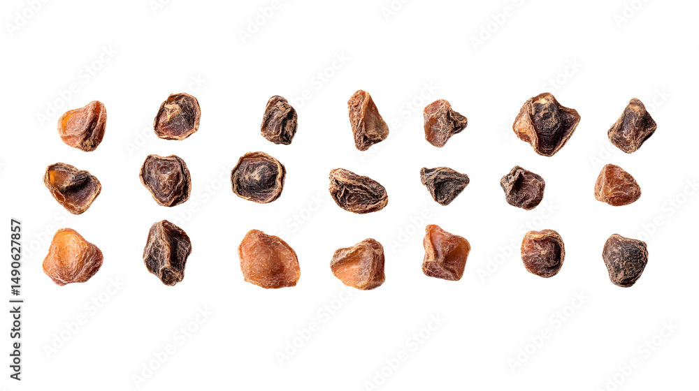Obraz premium A collection of assorted dry seeds on a white background, showcasing their unique shapes and textures.