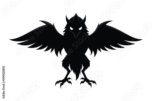 Raven Silhouette: A dramatic silhouette of a raven with outstretched wings, sharp talons, and piercing eyes. The dark, enigmatic figure evokes a sense of mystery, power, and wisdom.
