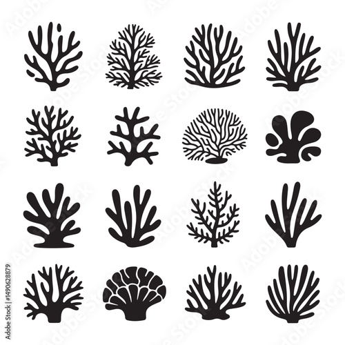 Collection of various coral reef silhouettes, perfect for marine life, nature, and underwater-themed designs or projects.