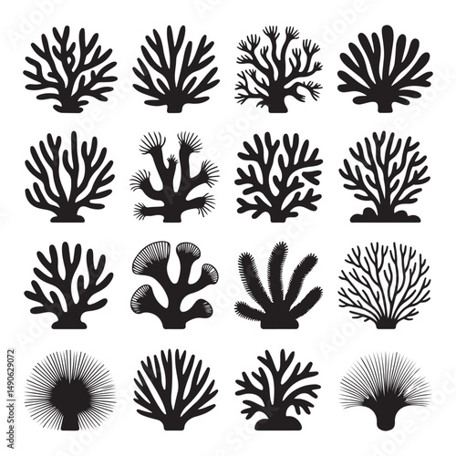 Collection of various coral reef silhouettes, perfect for marine life, nature, and underwater-themed designs or projects.