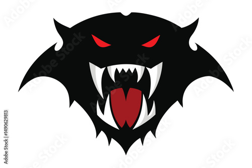 Vampire Bat Illustration: A bold, artistic illustration of a fearsome vampire bat, featuring a menacing visage with sharp fangs, and piercing red eyes against a stark black background.