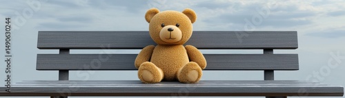 A cute teddy bear sits alone on a wooden bench under a cloudy sky, Missing Children Day