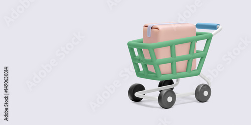 Shopping Cart with Package in Trendy 3D Style. Perfect for E-Commerce, Online Store, Delivery, and Retail Design Projects. Isolated Clean Look. Vector Illustration.