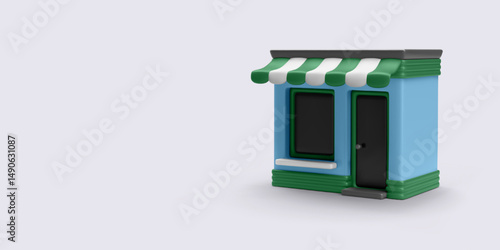 Shop Building Icon in 3D Cartoon Style. Small Retail Store with Green Awning and Blue Walls, Isolated on Light Background. Perfect for E-Commerce Projects. Vector Illustration.