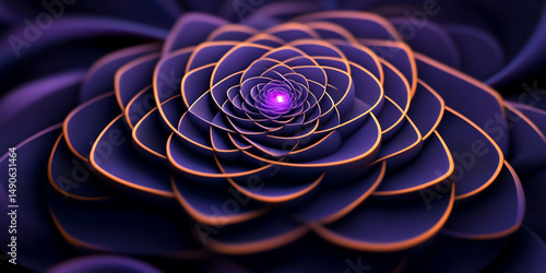 Close-up of layered spiral geometry in deep purple tones with glowing orange edges. Symbol of fractals and infinity.