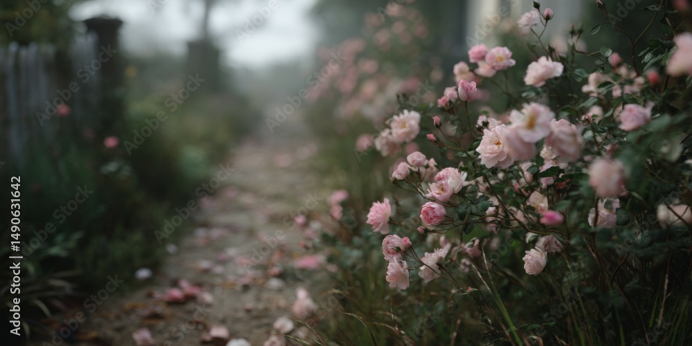 Obraz premium Serene Pathway Lined with Soft Pink Roses in a Misty Garden Setting at Dawn