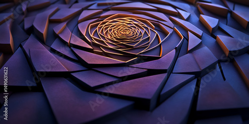 Close-up of layered spiral geometry in deep purple tones with glowing orange edges. Symbol of fractals and infinity.