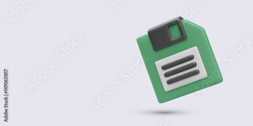 Save Icon Symbol. 3D Cartoon-Style Floppy Disk in Green and Gray With Shadow. Retro Tech Element for UI/UX, File Management, or Digital Archive Concepts. Vector Illustration