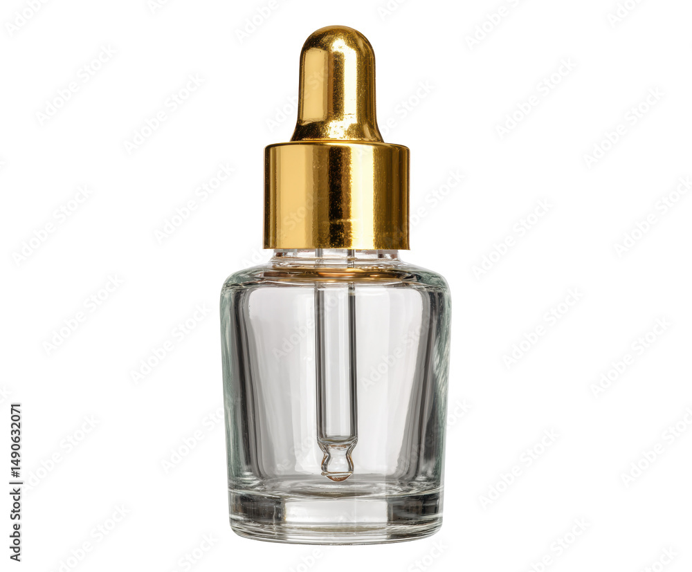 Clear glass dropper bottle with golden lid for beauty products, cut out transparent Clear glass dropper bottle with golden lid for beauty products, cut out transparent