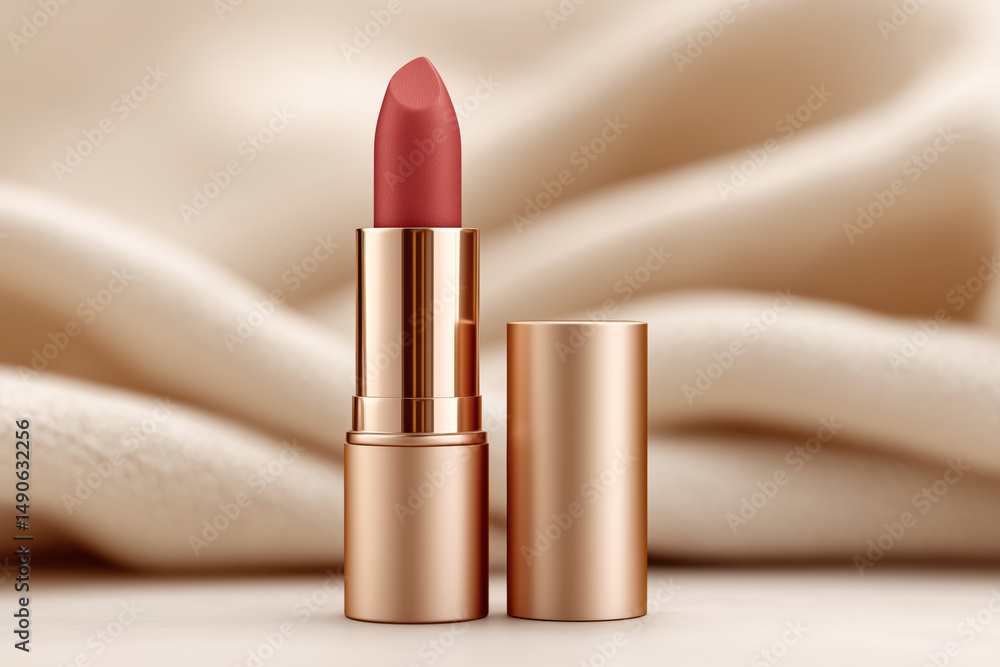 Obraz premium Rose Gold Lipstick and Compact on Beige Fabric Still Life Beauty Product Photography
