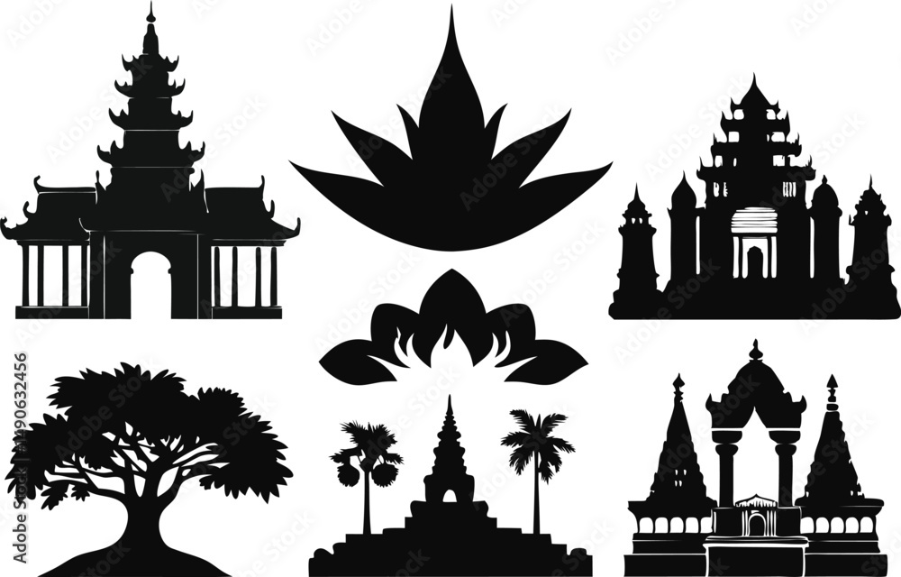 Obraz premium Cambodia Silhouette Design with Flag Map and Landmarks. Cambodia City Map Flower and Landscape Silhouette Design. Cambodia Silhouette Design for Cultural and Travel Projects