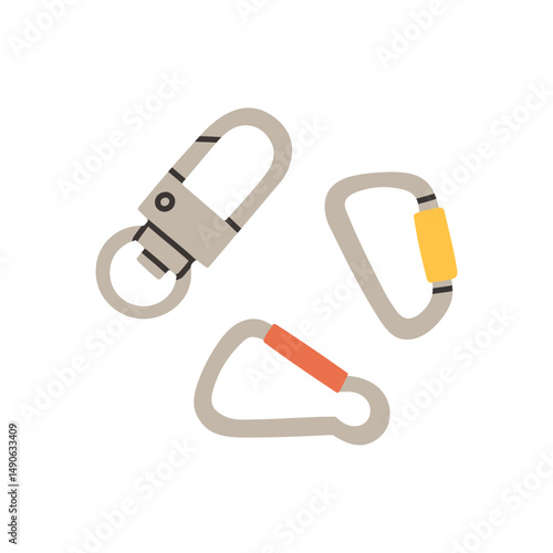 Simple climbing hooks. Claw clasps and carabiners flat set, different types of clasps, buckles and carabiners for jewelry, climbing equipment, garments dress fasteners, Clothing and Accessories