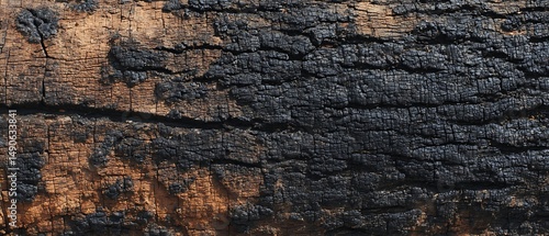 High-angle view of Close-up of tree bark showing burn marks from recent fires.