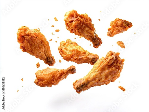 Crispy fried chicken wings with golden skin fragments floating in the air, isolated on a white background with top studio lighting, showcasing delicious texture, flavor, and motion in high detail.