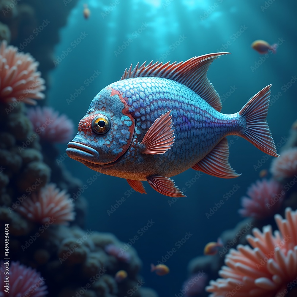 Fototapeta premium Oceanic Blue Fish: A Surreal Underwater Scene