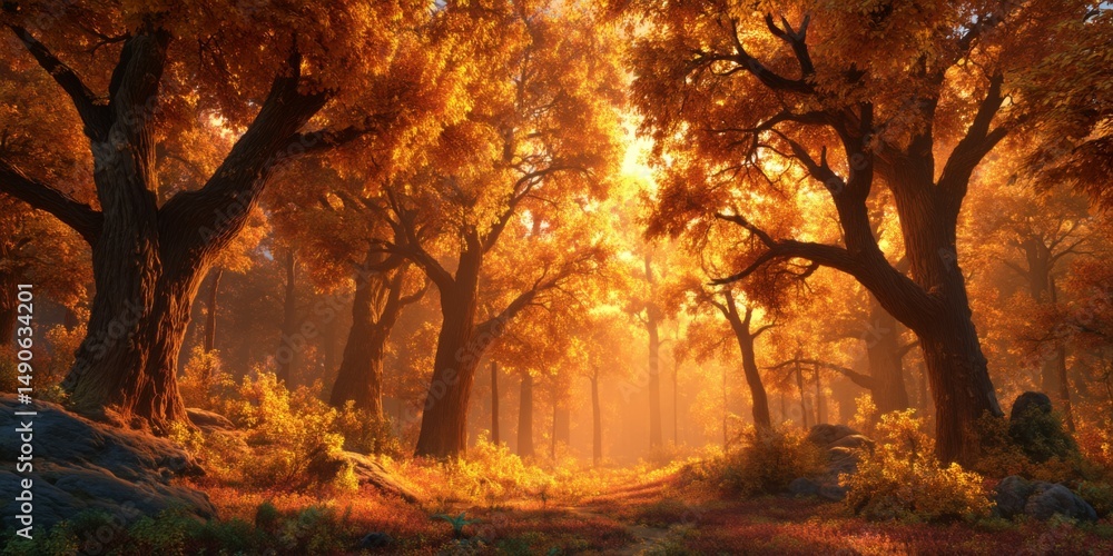 Vibrant Autumn Forest with Golden Leaves and Warm Light Filtering Through Majestic Trees in Tranquil Nature Scene Vibrant Autumn Forest with Golden Leaves and Warm Light Filtering Through Majestic Trees in Tranquil Nature Scene